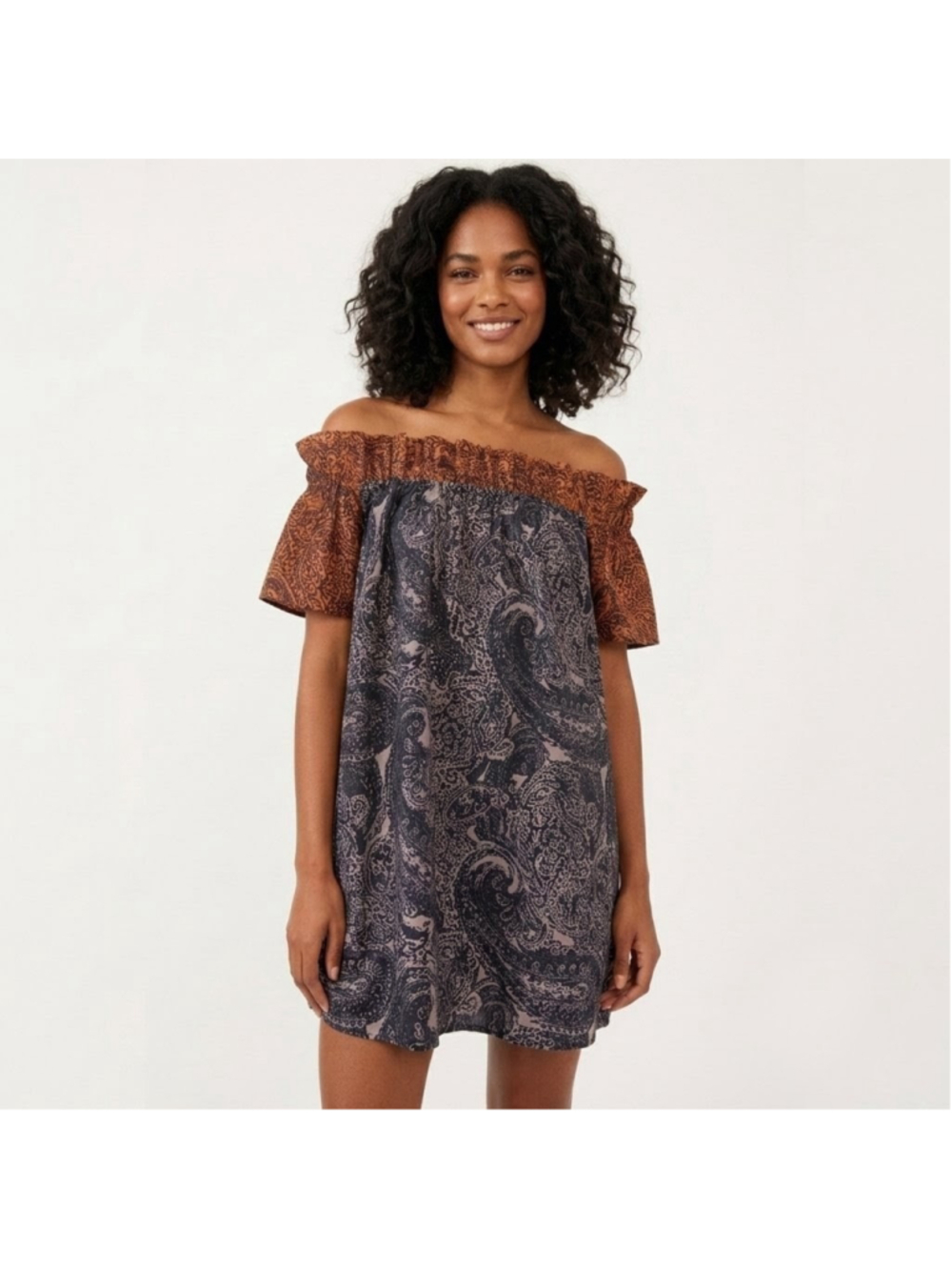 Free People Sophie Off Shoulder Paisley Boho Printed Mini Dress - XS